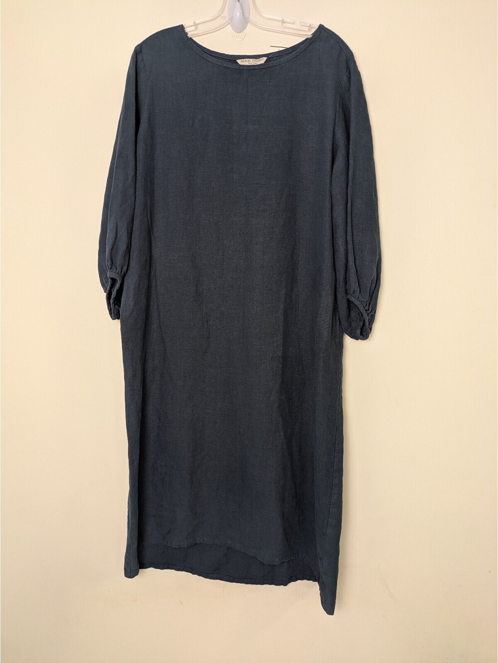 Muriel Dombret Clothes 100% Hemp Shift Midi Dress Slate Blue Puff Sleeve Size 12